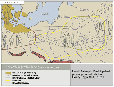Kartta 2: Myöhäispaleoliittisen ja varhaismesoliittisen kauden kulttuurit