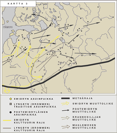 Kartta 3. POSTSWIDRYLÄISEN JA POSTKRASSNOSILJALAISEN KULTTUURIN LEVIÄMINEN